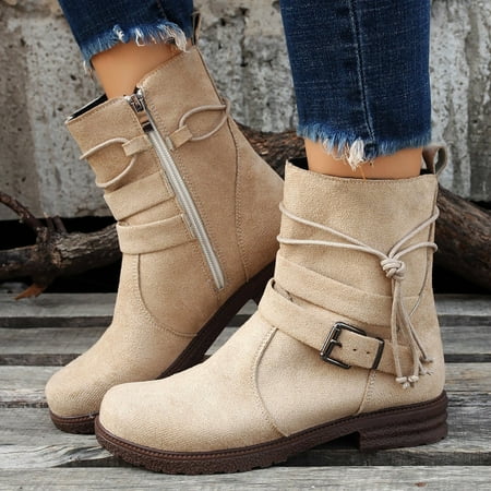 

Aayomet Womens Boots Ankle Tie Side Suede Boots Casual Single Boots Ladies Shoes Short Boots (Beige 8)
