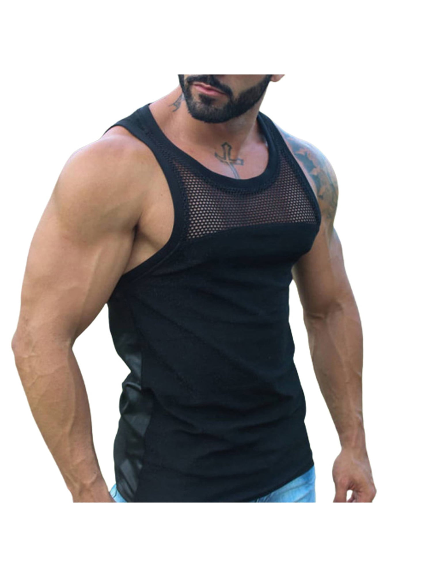 lookwoild Mens Mesh Tank Tops Sleeveless Fishnet Muscle See Through Workout Vest Underwear 