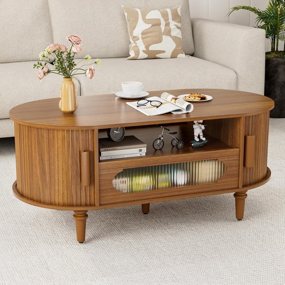 Fluted Oval Coffee Table for Living Room, Wood Round Coffee Table with Storage, Low Small Center Tables with Drawer, Sliding Door, Mid Century Modern, Boho, Rustic, Walnut