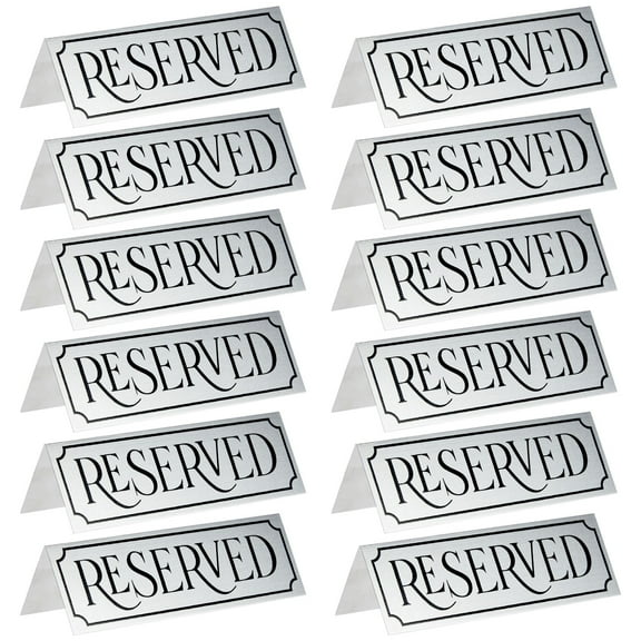Juvale Reserved Table Signs - 12-Pack 5 x 2 x 1 in Etched Silver Metal - Reserved Seating Signs for Weddings, Restaurants & Parties