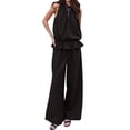 thumbnail image 2 of Women Summer 2 Piece Outfits Sleeveless Ruffle Top Wide Leg Pants Set with Pockets Black S, 2 of 8