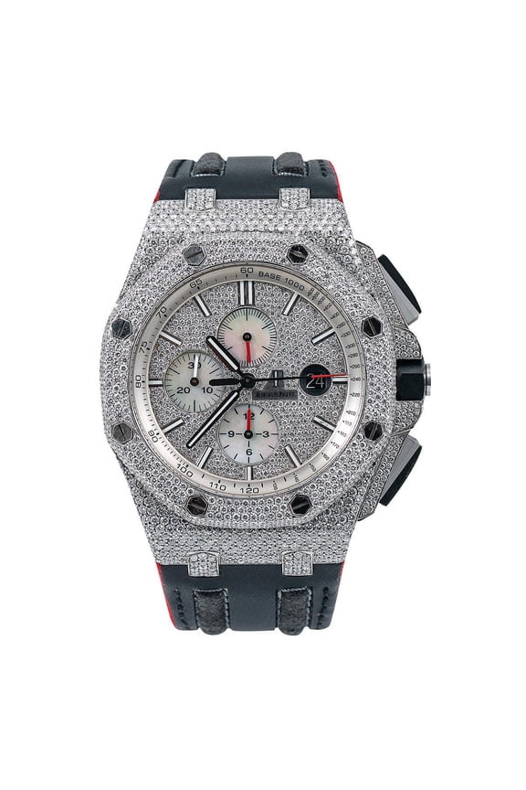 Pre-Owned Audemars Piguet Royal Oak Offshore 44MM 26400SO.OO.A002CA.01 Diamond Paved Dial Diamond Paved Bezel Black Leather Strap