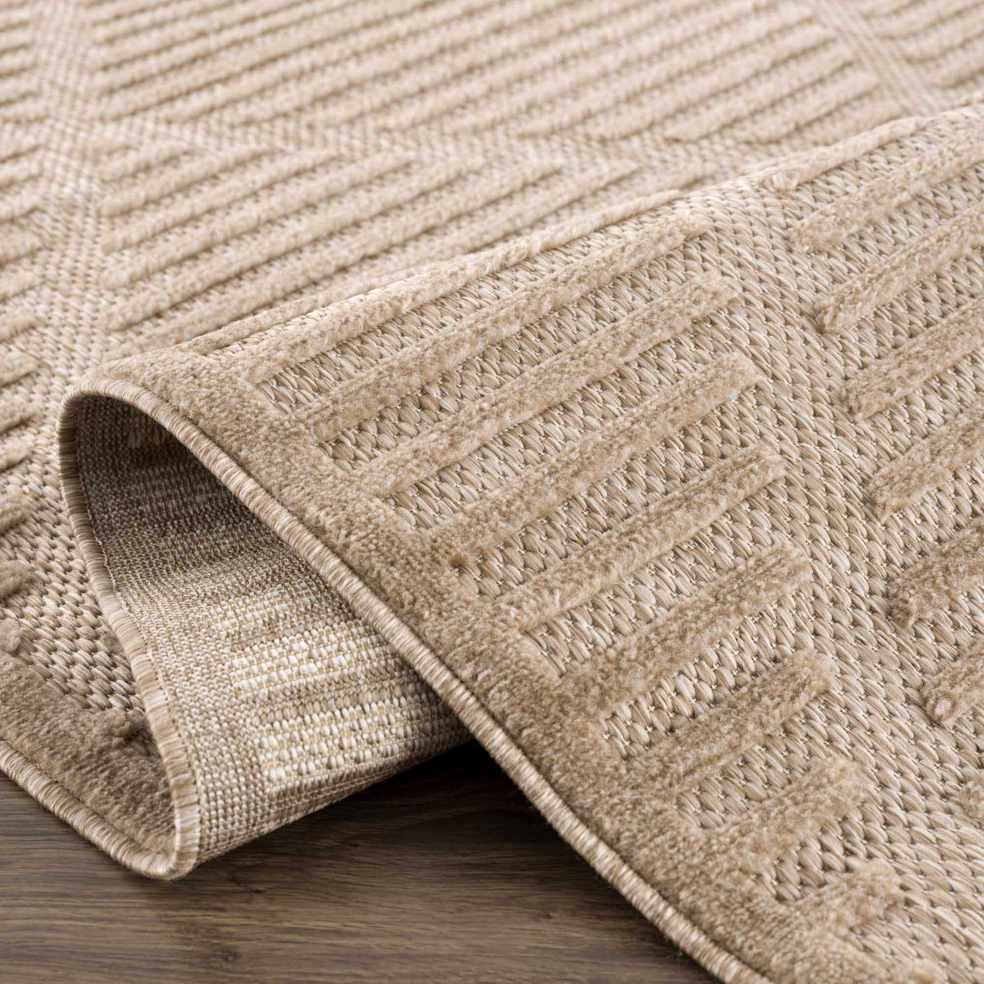 BoutiqueRugs Anah Geometric Indoor Outdoor Rug - Boho High Low Textured Area Rug - Performance Carpet for Patio, Living Room - High Traffic - Tan, Brown, Dark Beige - 6'7" x 9' (6x9)