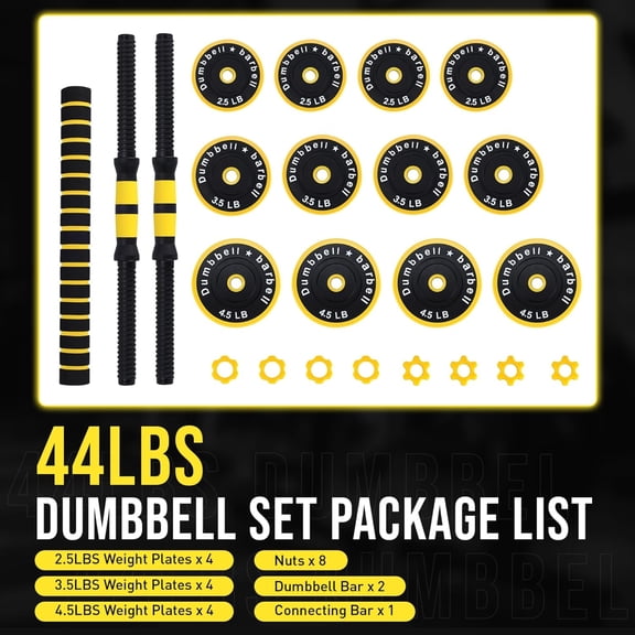 2-IN-1 Adjustable  Set for Home Gym, 44 LBS Weight Set for  and Barbell, Yellow