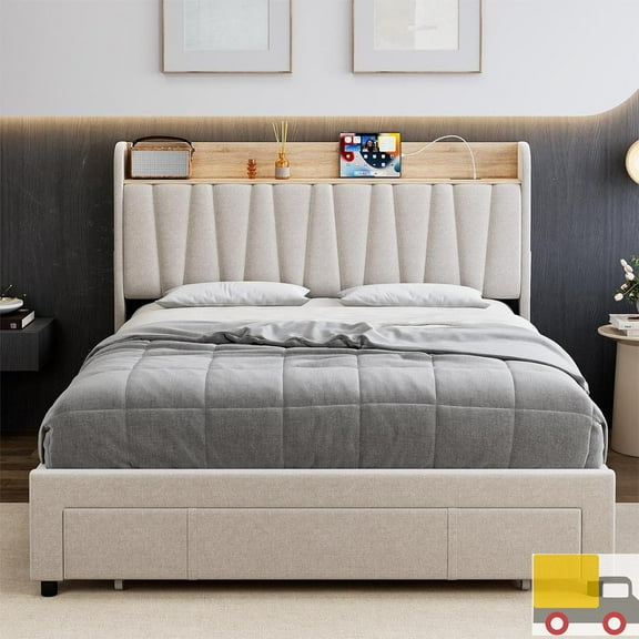 Upholstered Platform Bed Frame with Charging Storage Headboard, Underbed Drawers, No Box Spring Needed, Linen Fabric, Full, Beige