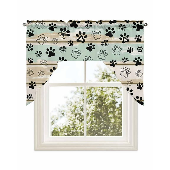 Sage Green Beige Farmhouse Kitchen Curtains Swag Valance for Windows/Bathroom/Cafe, Black Dog Paw Vintage Wooden Rod Pocket Drape Panel Swag Curtains Valance for Bedroom/Living Room 56"x36"