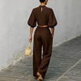thumbnail image 4 of Womens Casual Two Piece Outfit High Neck Puff Sleeve Crop Top High Waist Wide Leg Pants Textured Casual Set Coffee L(L), 4 of 8