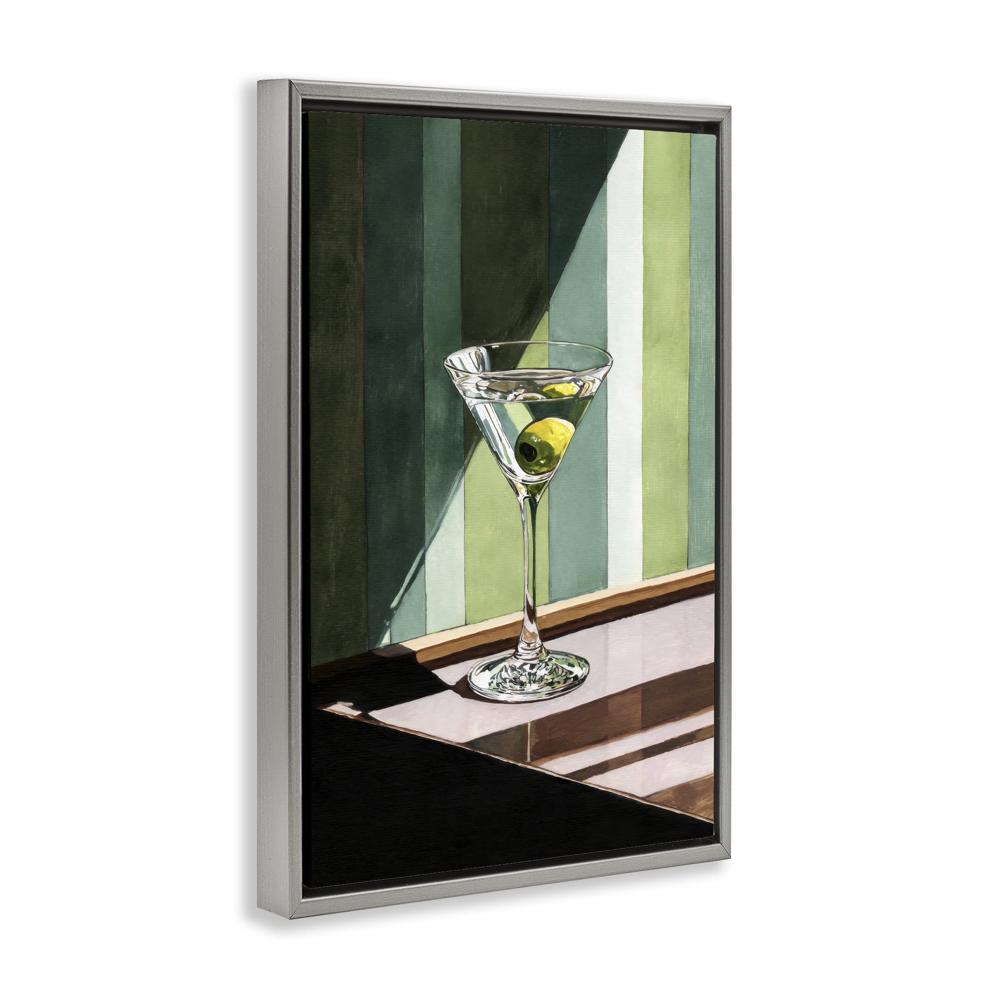 Stupell Industries Olive Martini in Sun Beam Gray Framed Floater Canvas Wall Art, design by Petal Prints Design