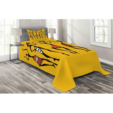 Ambesonne Africa Quilted Coverlet 2 Pcs, Sketchy Graphical Dancer, Twin Size, Mustard and Orange