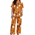 thumbnail image 2 of Womens Halloween Pajamas Full Theme Printed Silk Short Sleeve Button Down Lapel Pocket Shirts Loose Straight Casual Pants Comfy Nightwear Fall Winter 2 Pc Womens Loungewear Set Orange XXL, 2 of 7