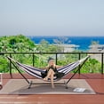 thumbnail image 2 of 2 Person Double Brazilian-Style Hammock with Sturdy Steel Stand - 450lbs Capacity Cotton Bed - Portable & Space-Saving - Indoor Outdoor Patio Camping Garden - Carry Bag - Blue and White, 2 of 9
