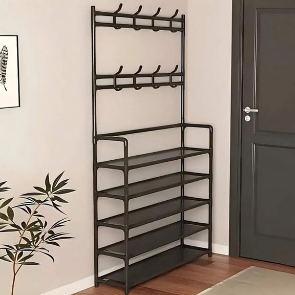 5-Tier All-Metal Shoe & Coat Rack With Integrated Hanging Hooks - Space-Saving Multi-Level Entryway Organizer, Sturdy Durable Design