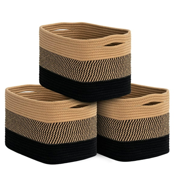 Goodpick Storage Baskets for Organizing Woven Rope Basket for Book Towels Toy Storage Organizer Cube Storage Bins for Shelves Closet Nursery Decorative Medium Baskets Set of 3 Black