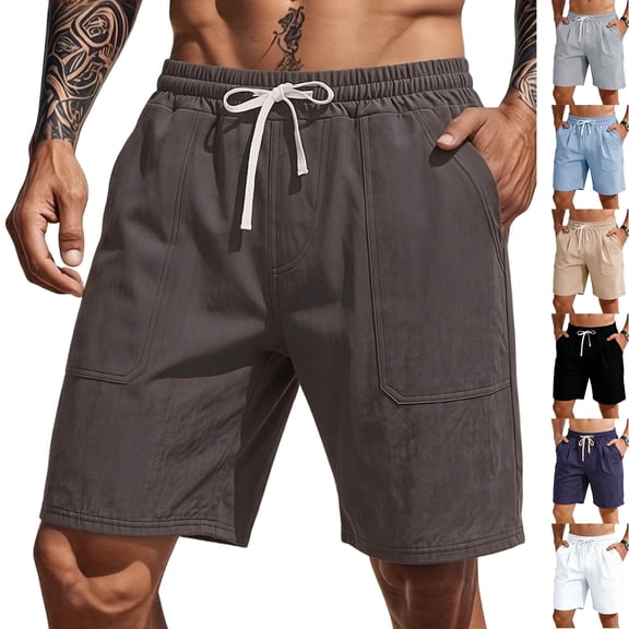 Men's Linen Shorts with Big Pockets Lightweight Breathable Casual Beach Vacation Shorts for Men Summer Yoga Big and Tall Size S-3XL White