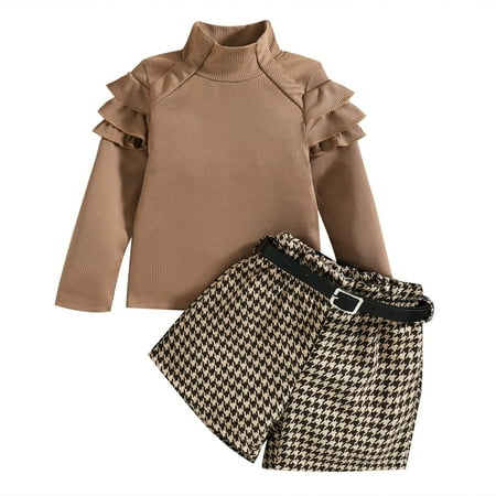 

UACY Toddler Girls Clothes Spring Autumn Solid Color Fashion Ruffles Long Sleeve Ribbed Knitted Turtleneck T Shirt Tops Shorts Outfits
