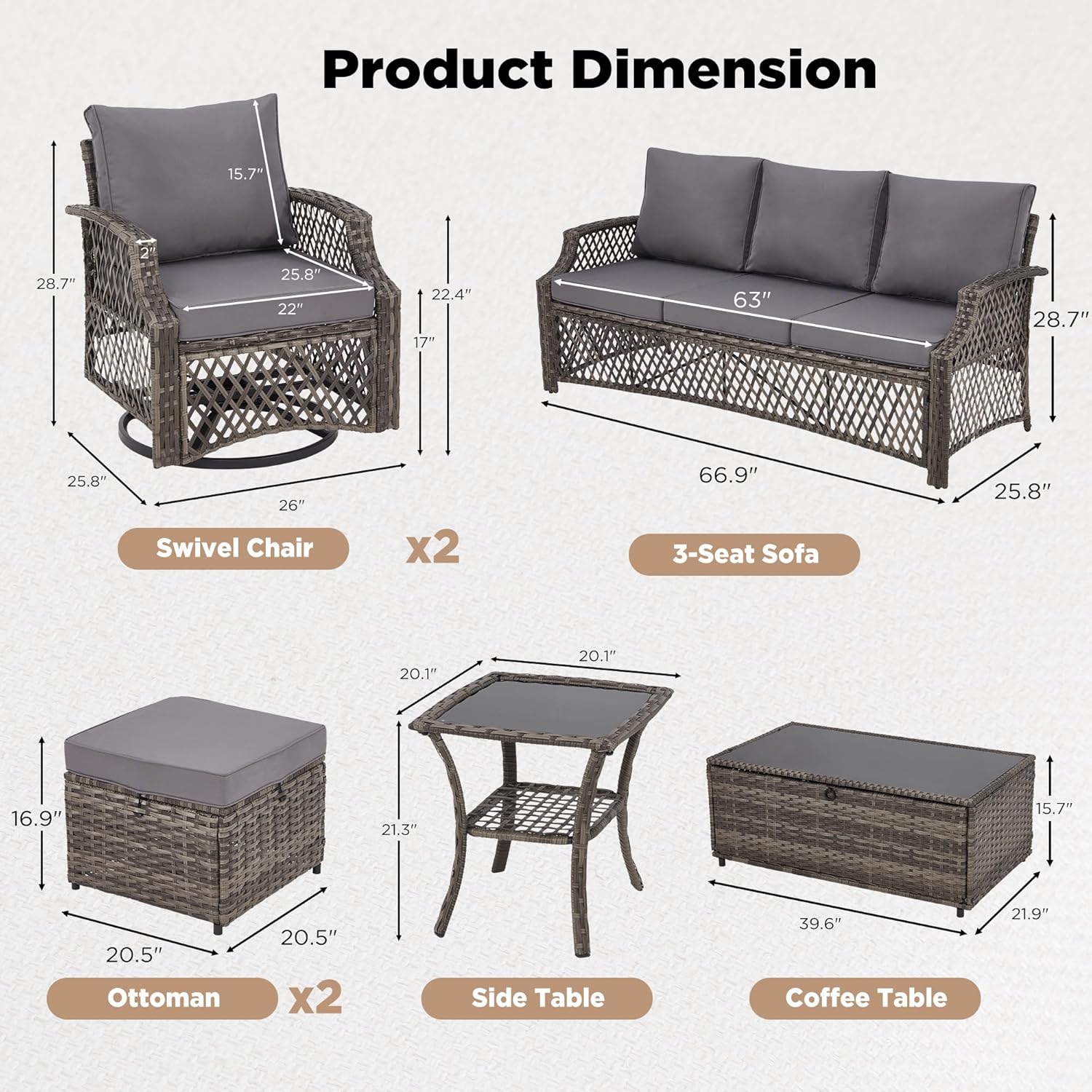 Vicluke 7 Piece Patio Furniture Set, Wicker Outdoor Conversation Sofa Set with Swivel Chairs, 2 Ottomans, Storage Coffee Table, Rattan Outdoor Sectional for Deck Backyard Porch （7 Seats, Gray）
