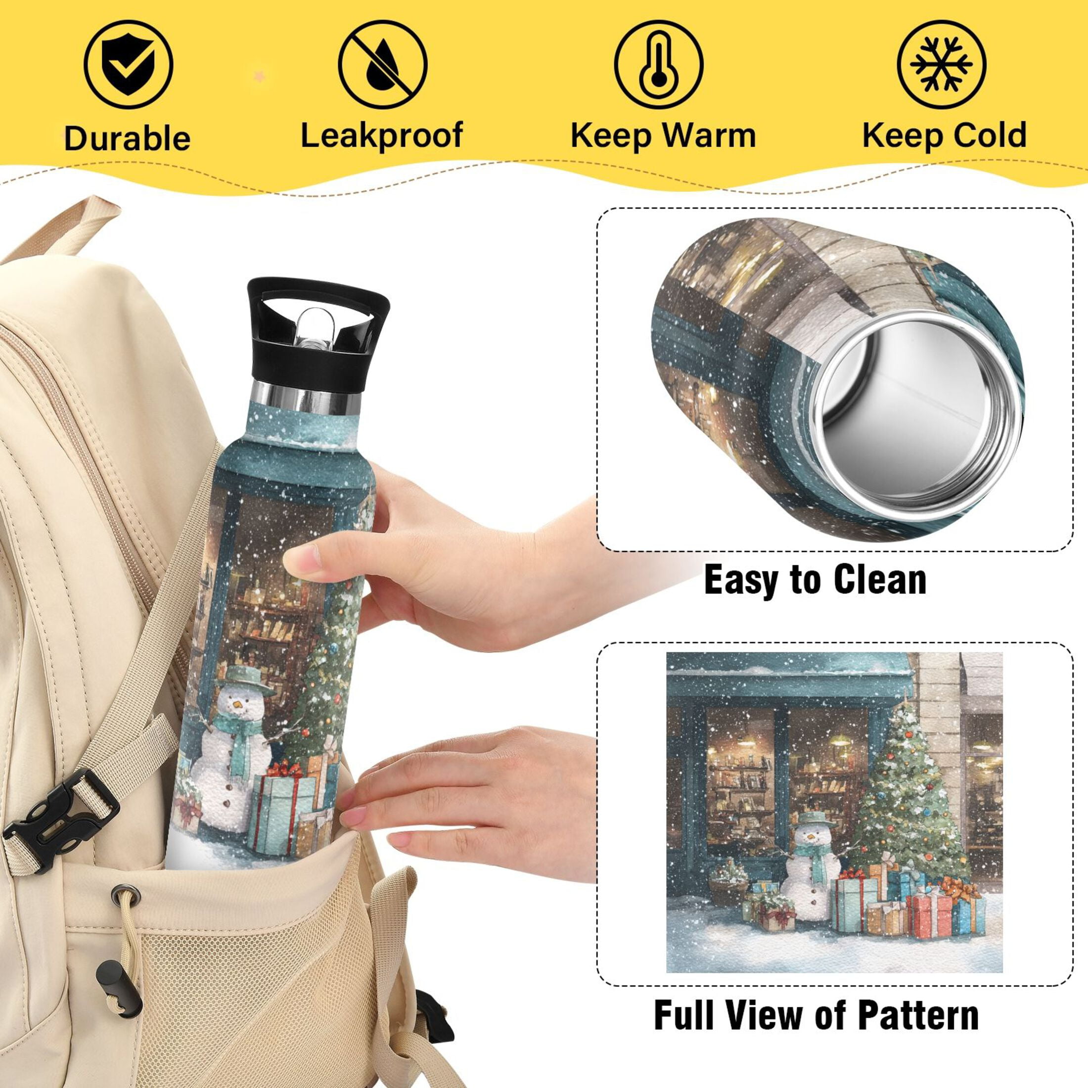 600ML Stainless Steel Insulated Cup Sports Water Bottle Portable Thermos Cup Water Glasses Insulated Tumblers Convenient and Durable Christmas Snow Night