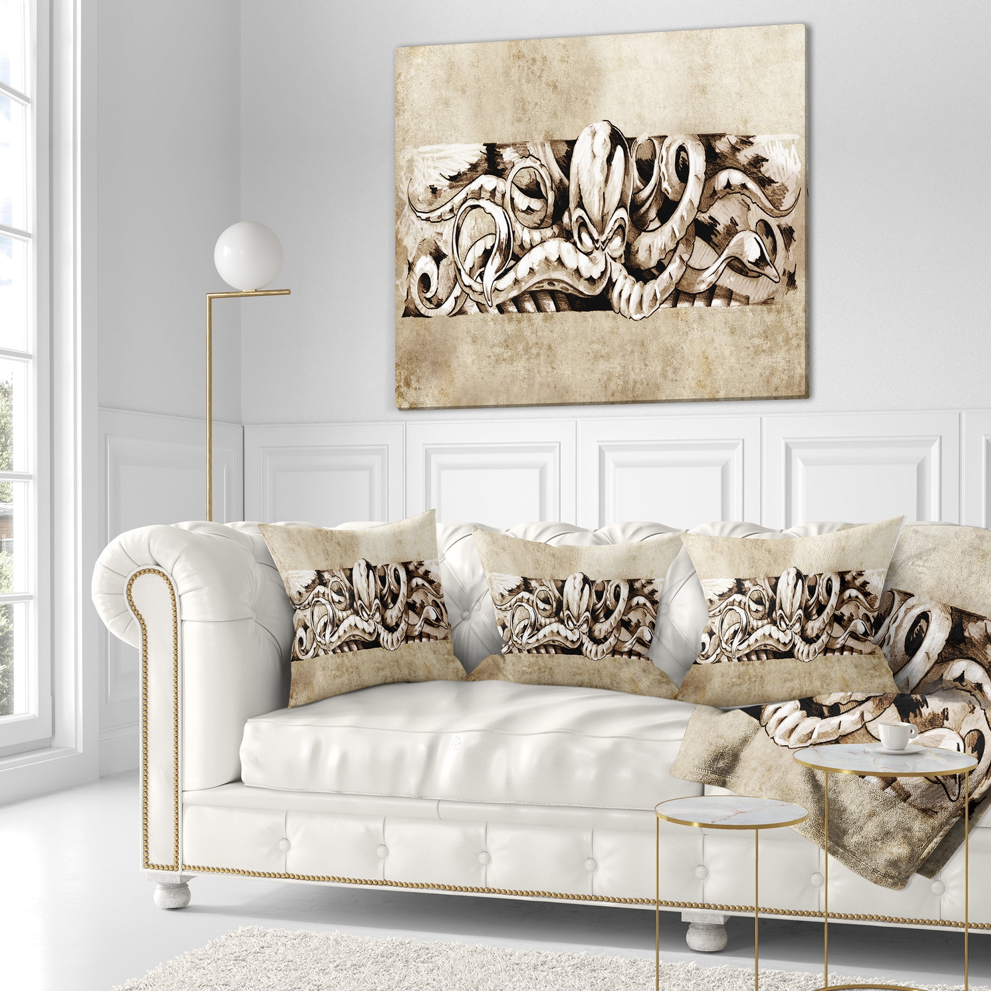 Designart Octopus Sketch in White Shade - Animal Throw Pillow - 16x16