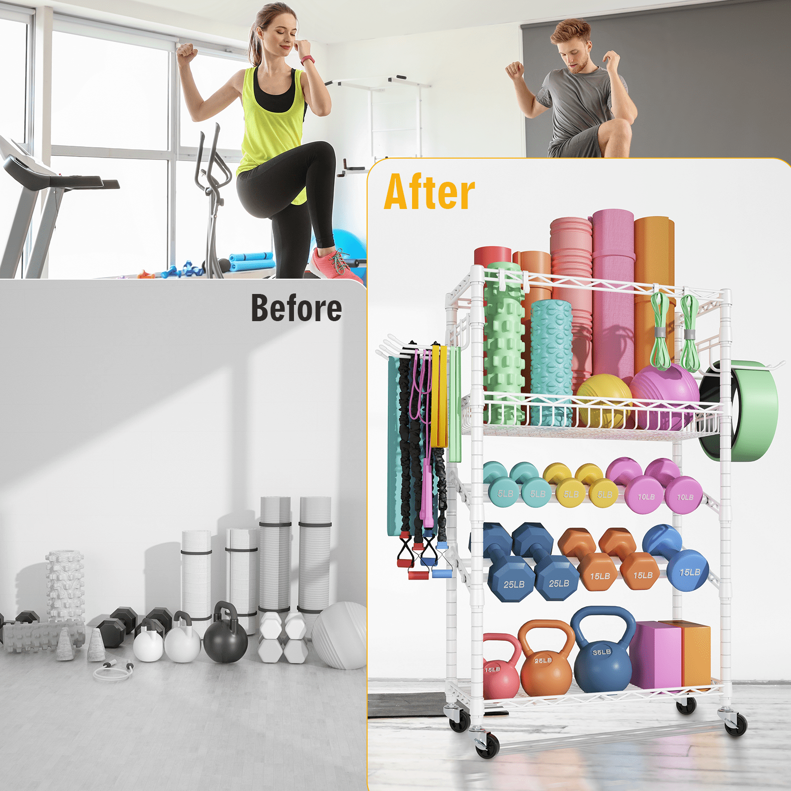 FUTASSI Dumbbell Rack, 4 Tier Steel Multi-Purpose Home Gym Storage 11.8" W x 23.6" D x 48.6" H, for Dumbbells, Kettlebells, Barbell and Yoga Mat, White