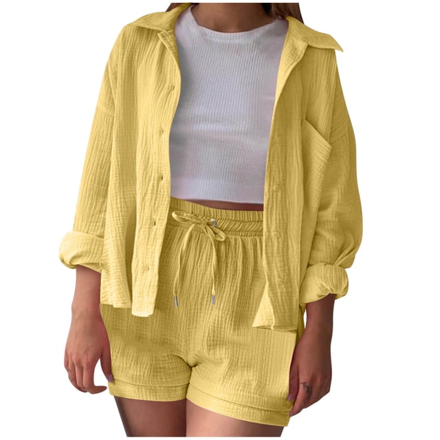 AherBiu Summer Outfits for Women Long Sleeve Button down Shirts Drawstring Shorts Beach Vacation Lounge Set