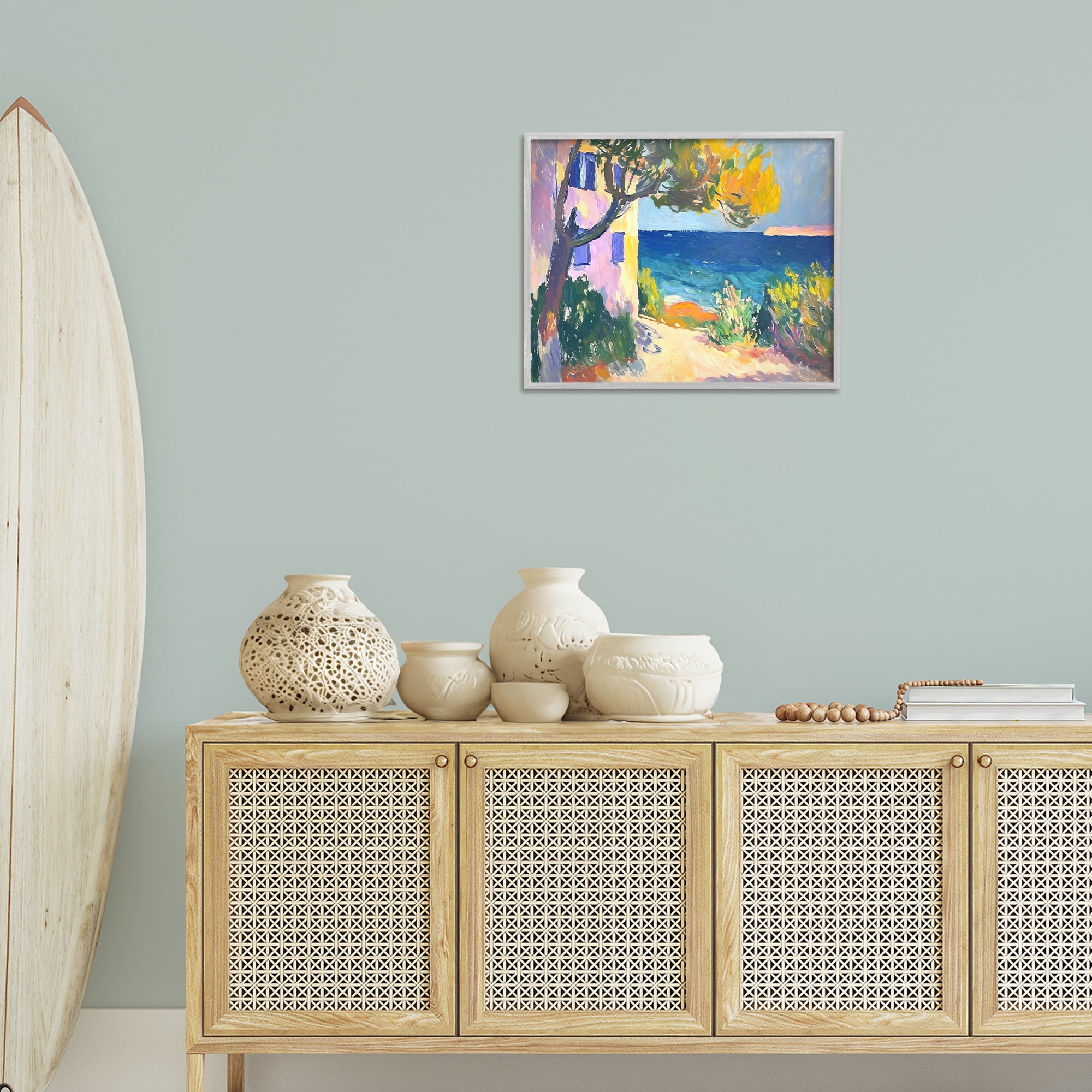 Stupell Industries House On Coastline Coastal Painting Gray Framed Art Print Wall Art, 20 x 16