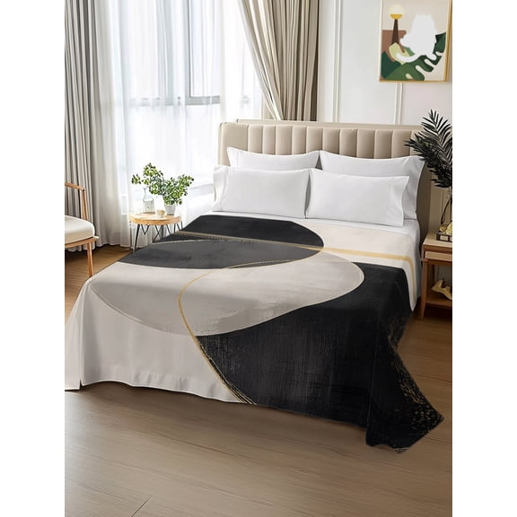 King Size Flat Sheet Only,Abstract Geometric Circles Stripes Soft Top Bed Sheets Breathable Bedding Sheet Minimalist Art Black Beige Microfiber Hotel Luxury Top Sheets