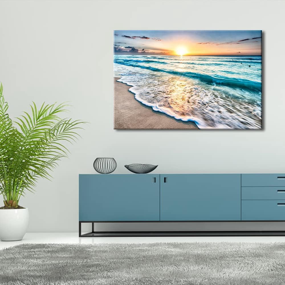 Sea Waves Canvas Wall Art - Large Ocean Beach Print, Stretched & Framed Seascape Giclee Artwork, Ready to Hang for Living Room, Bedroom & Coastal Home Decor