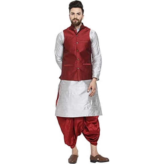 Royal Kurta Men's Silk Blend Kurta Dhoti & Nehru Jacket Set (44, Silver-Maroon)
