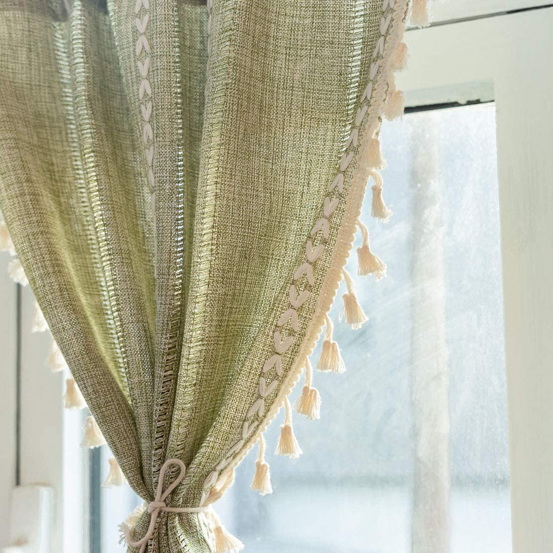 XmhyTop Boho Embroidered Kitchen Tier Curtains with Tassels Rod Pocket Farmhouse Linen Textured Cafe Half Window Curtain, 1 Panel (Green,52"x63")