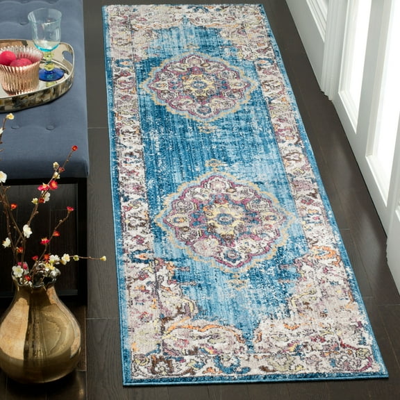 SAFAVIEH Bristol Doncho Oriental Polyester Runner Rug, Blue/Light Gray, 2'3" x 10'