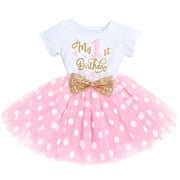 IBTOM CASTLE Baby Girl 1st/2nd Birthday Leisure Cake Smash Outfit, Shiny Letter Printed Sequin Bow Tulle Spliced Tutu Princess Dress