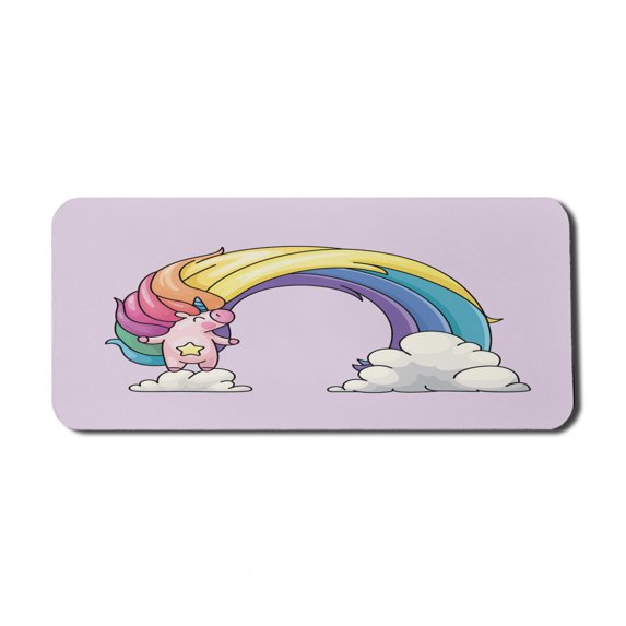 Rainbow Computer Mouse Pad, Funny Unicorn over Clouds Colorful Mane Print, Rectangle Non-Slip Rubber Mousepad X-Large, 35" x 15" Gaming Size, Pale Yellow Peach, by Ambesonne