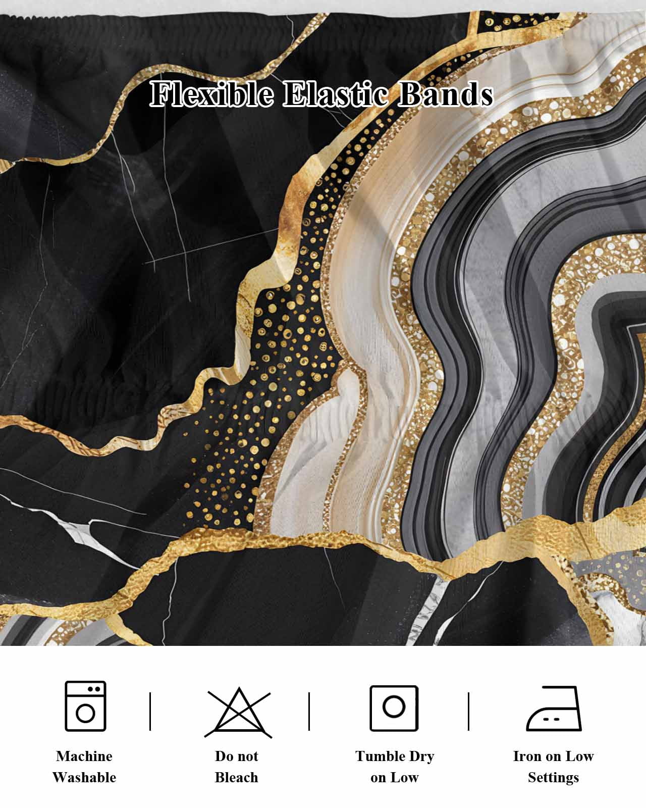Black Gold Marble Bed Skirt Glitter Geometric Marble Foil Texture Bed Skirts King Size 16 Inch Drop, Wrap Around Dust Ruffle&nbsp;Bedskirt with Adjustable Elastic Belt for Queen Size Beds