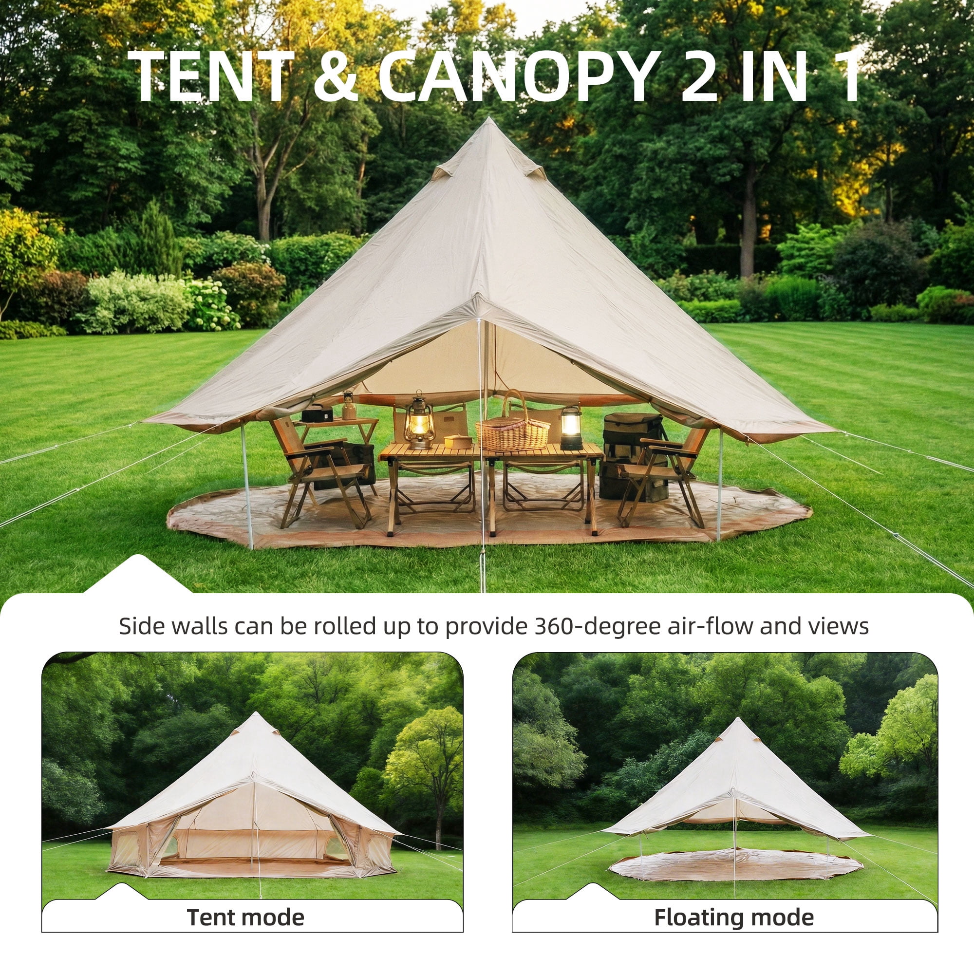 Bell Tent with Stove Jack, Green 4 Season Waterproof Glamping Yurt Tent, 13.1 FT Oxford Family Camping Tent Fits 6- 8 People for Outdoor Parties