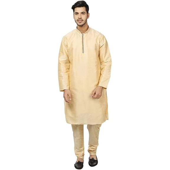 Royal Kurta Men's Silk Blended Traditional Loopbutton Kurta Churidaar Gold