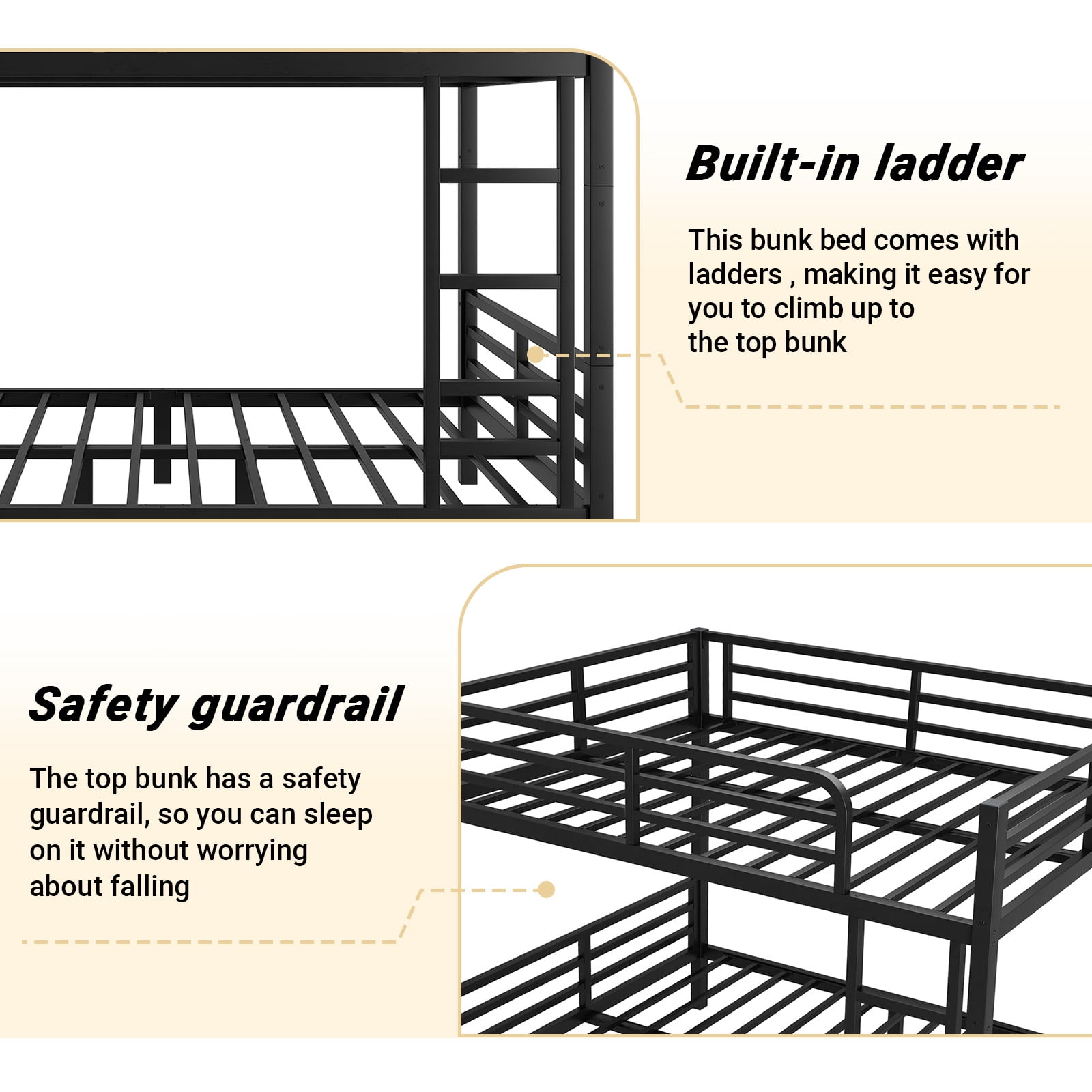Miniyam Full over Full Metal Bunk Bed Frame with Dual Guardrails and Ladders, Heavy-Duty Quiet Design, Black