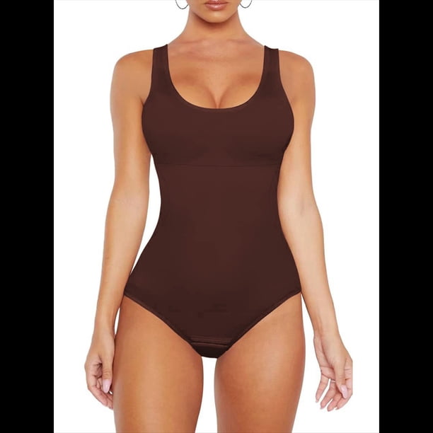 Body Sin Mangas para Mujer, Control de Abdomen, Corte Entallado, Sin Mangas, Cuello Redondo. Color Café S