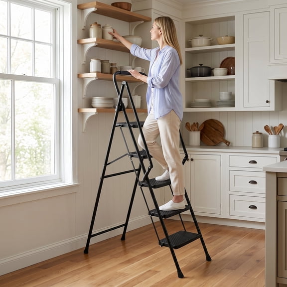 Zateety 5-step ladder, folding ladder stool, with anti slip wide pedals, steel ladder, with safety anti slip handle, lightweight 300 pound portable steel ladder stool in black