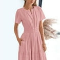 thumbnail image 4 of ZEHJUHAN Women's Solid Color V-Neck Short Sleeve Maxi Dress with Elastic Waist A-Line Ruffle Hem Summer Casual Dress Pink，S, 4 of 6