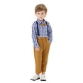 thumbnail image 2 of YDOJG Little Boys Outfit Sets Gentleman Two-Piece Suit Bow Tie Plaid Long Sleeve T-Shirt Tops And Suspender Pants Set For 3-4 Years, 2 of 3