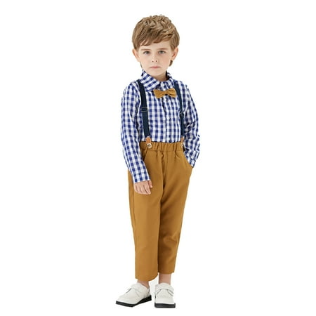 

Toddler Baby Boys Gentleman Two-piece Suit Bow Tie Plaid Long Sleeve T-Shirt Tops And Suspender Pants Set