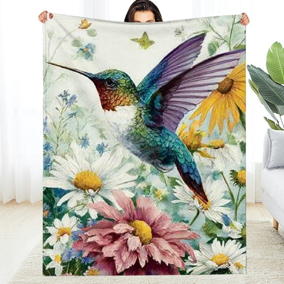 RKSupls Christmas Throw Blanket, Watercolor Hummingbird Soft Flannel Blanket, Fuzzy Warm Cozy Happy New Year Blanket for Couch Bed Home Decor