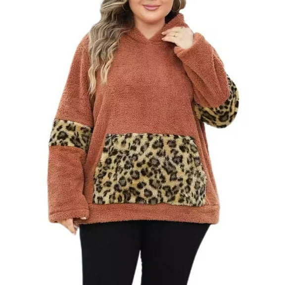 Oversized Fuzzy Hoodies for Women Leopard Sherpa Pullover Hooded Sweatshirts Plus Size Pockets Top with Hood (Brown 5XL)