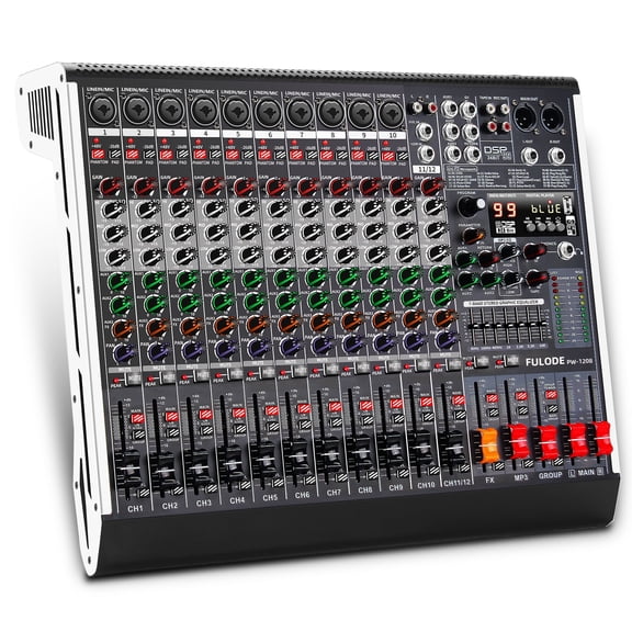 FULODE 12 Channel Audio Mixer Professional Sound Mixing Board with 99 DSP Effects, 7-band EQ Digital DJ Mixer Console w/USB Bluetooth MP3 for Recording, Independent 48V Power & Mute Button