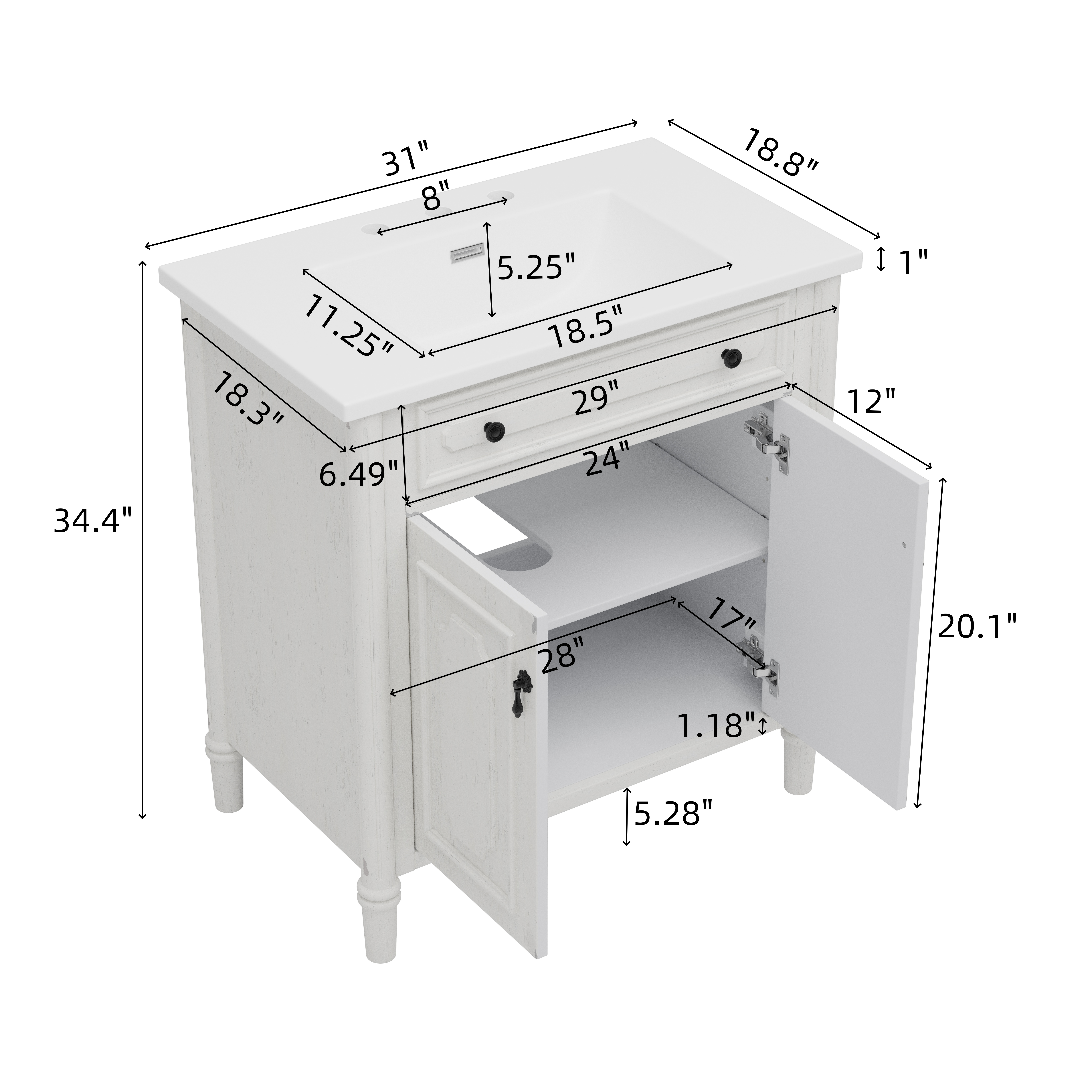 Euroco 31" Vintage Bathroom Vanity with Sink, Rustic Bathroom Cabinet with Soft Close Doors and Adjustable Shelf, Curved Profile Design, Rubber Wood Legs, White