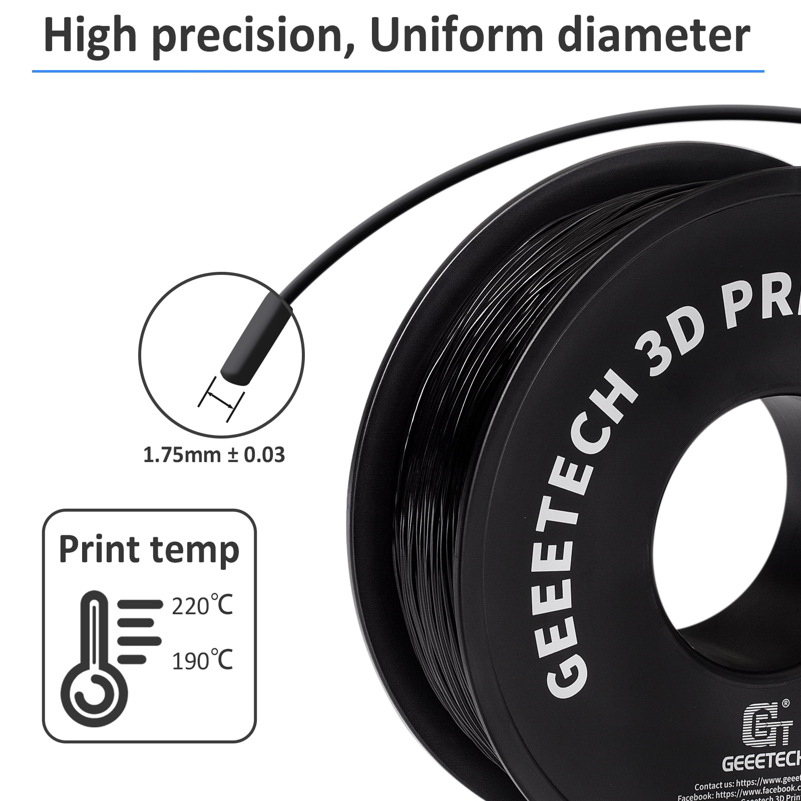 Geeetech TPU 1.75mm Flexible Soft Filament Black, 10kg Spool (22 lbs.), Dimensional Accuracy +/- 0.03 mm