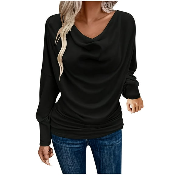 Tawop Shirts for Women Womens Tee Shirts Round Neck Long Sleeve Button Drop Shoulder Black L(Us:8)