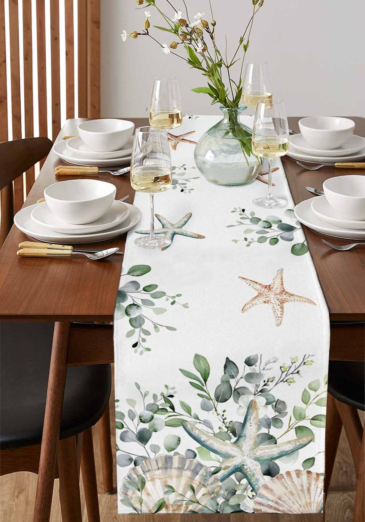 Sage Green Coastal Table Runner 72 Inches, Spring Eucalyptus Leaves Bed Runner Dresser Scarves Tabletop for Indoor Outdoor Parties/Ceremony/Banquet, 18" x 72"