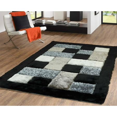 Rug Size 5'x7' Shaggy Rug In Black, Gray, and Silver with Cotton Backing. 100% Polyester with Two type of Yarns, Appx. Two Inch Pile Height Thickness