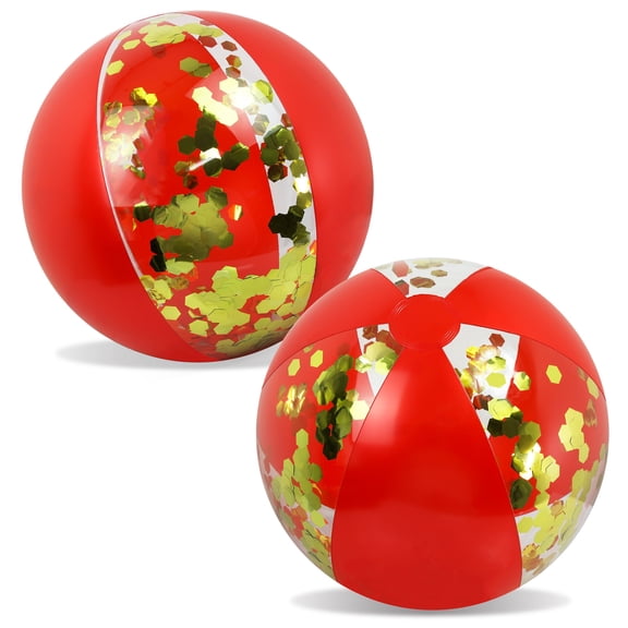 POZA Set of 2 Red Gold Inflatable Beach Balls - Confetti-Filled Beach Balls For Pool, PVC Vinyl Inflatable Pool Toys for Fun Summer Party and Water Games - 16 Inches